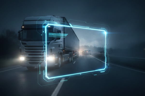 Caminhão em rodovia à noite com interface digital de videomonitoramento protegendo a operação contra falsas acusações.